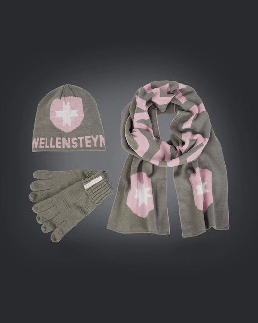 Knit Hat Scarf Glove,105,Grey/Rose