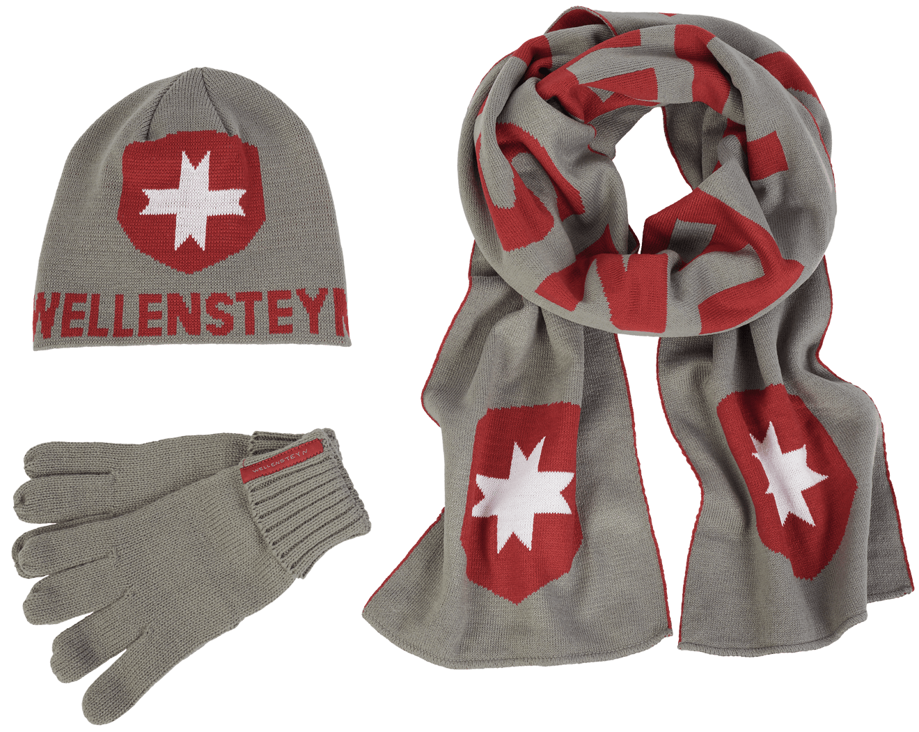 Knit Hat Scarf Glove,105,Grey/Red