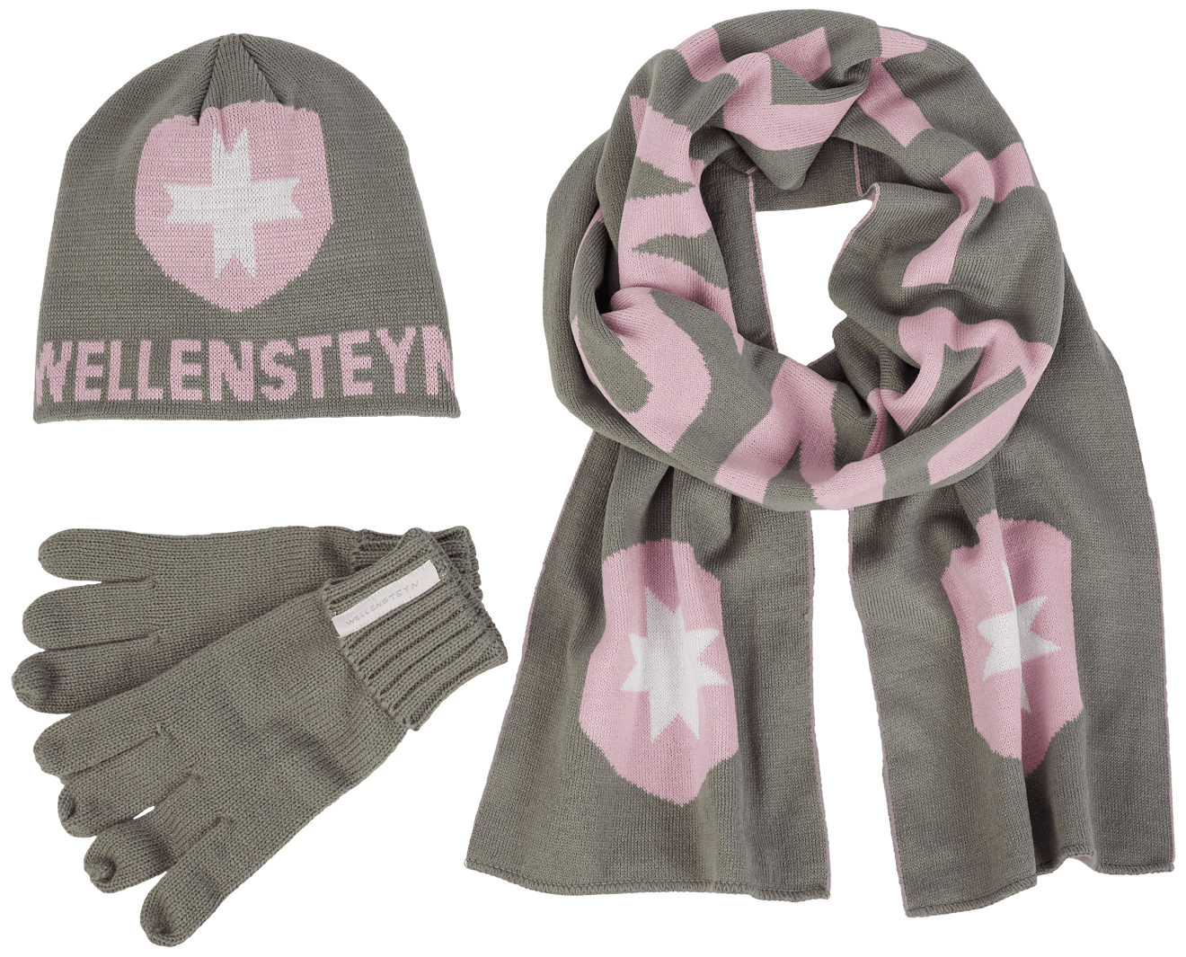 Knit Hat Scarf Glove,105,Grey/Rose